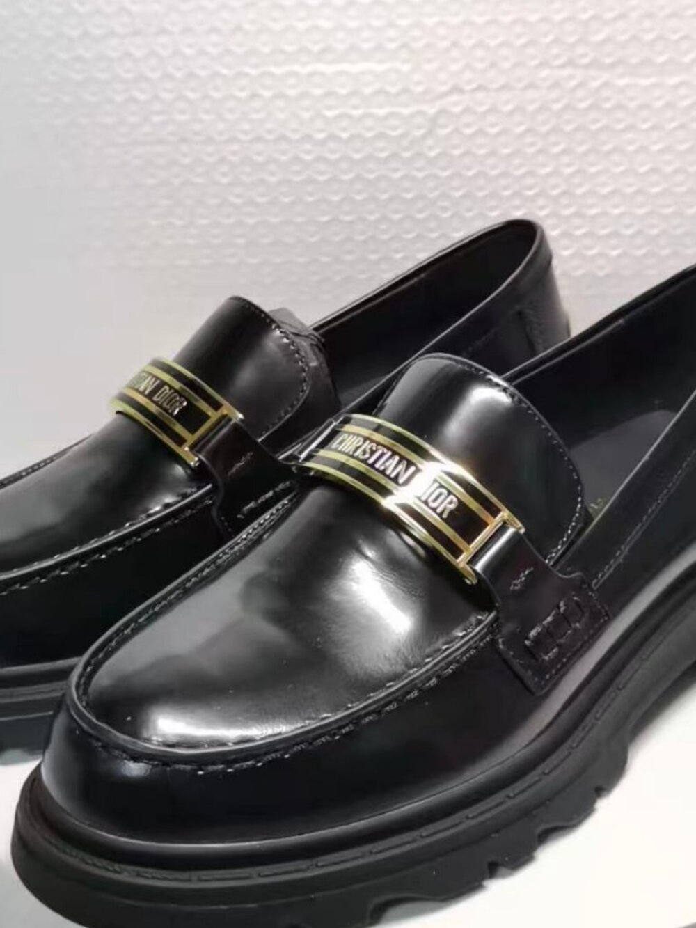 Dior Black Patent Leather Chunky Sole Loafers with Gold Logo Band